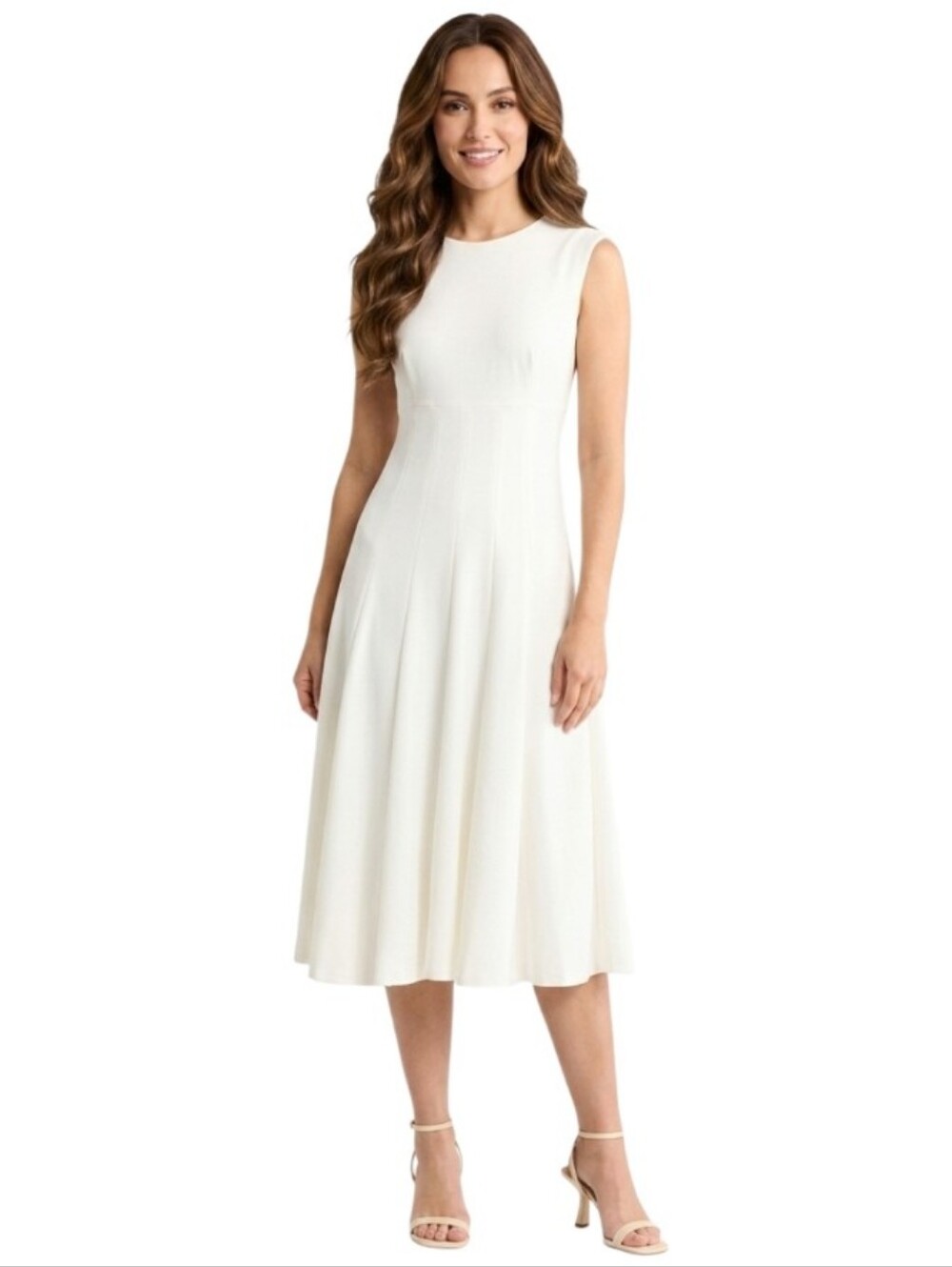 CALVIN KLEIN Ivory Scuba Crepe Fit & Flare Sleeveless Summer Dress NWT